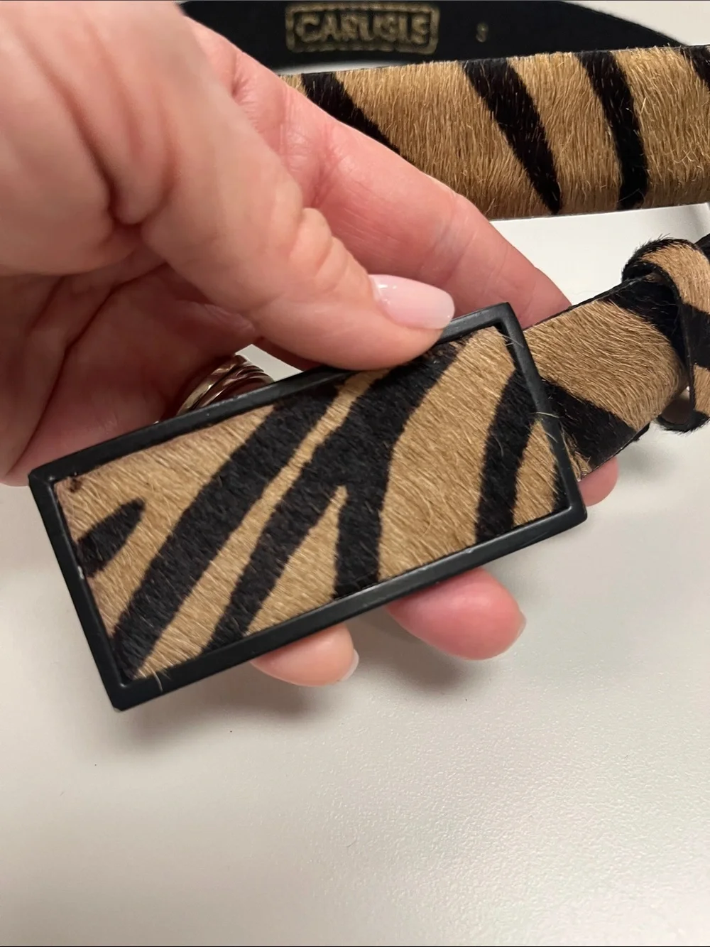 Carlisle Tan and Black Zebra-Print Haircalf Belt with Rectangular Buckle SZ SM